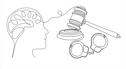 continuous stylized modern drawing of a human head and brain thinking about justice. Time for a fair decision, justice. flat vector linear illustration on a white background. 