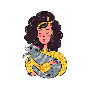 vector image of a young woman with curly hair in a yellow sweater with a gray cat in her arms
