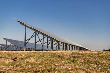 Many solar panels in northern Poland, providing energy to surrounding houses. Solar energy farm made of many panels in rows. Clear sky with no clouds and sunny weather.