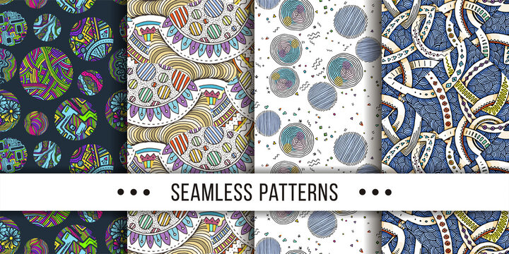 Set of samless ornate, doodle hand-drawn abstract patterns. Ink sketch texture, rough hatching drawing image