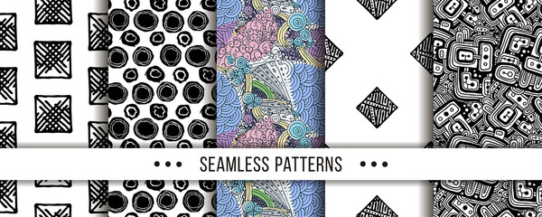 Set of seamless patterns with hand-drawn elements texture, abstraction illustration of black silhouette on white background © Drekhann