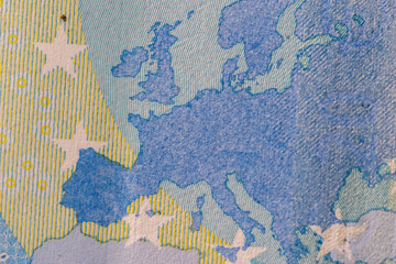 Close-up shot of Europe's map displayed on Euro banknote