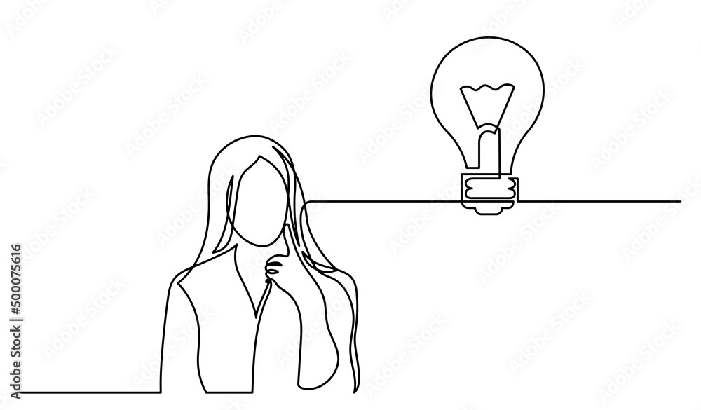 Poster one line drawing of person thinking about idea solving problems finding solutions