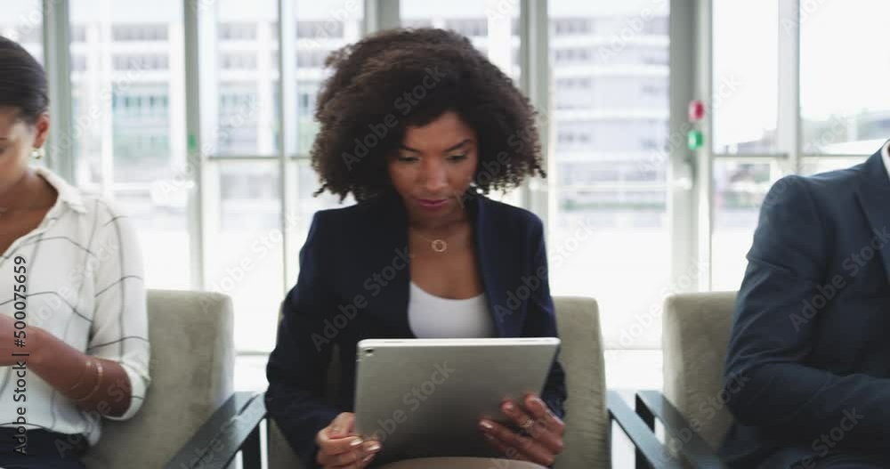Aufkleber Doing the needed research before their interviews. Group of diverse and different aged business people using digital devices while sitting in a waiting line for the job interviews with human resources
