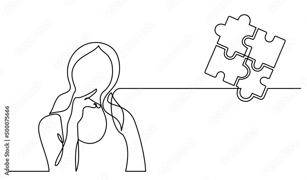 Poster one line drawing of person thinking about idea solving problems finding solutions