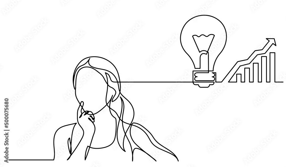 Sticker one line drawing of person thinking about idea solving problems finding solutions