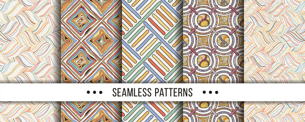 Set of seamless boho patterns with hand-drawn elements texture, abstraction illustration of black silhouette on white background