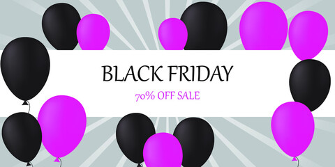 Black Friday banner with balloons. Design for poster, flyer, advertisement. Vector illustration