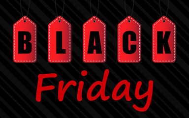 Red price tags with black friday text on black striped background. Sale, discounts, offers. Design for banner, poster, flyer, advertisement. Vector illustration
