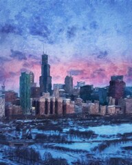 Fototapeta premium Chicago USA city center skyscrapers and architecture, America travel downtown, drawing in oil wall art print for canvas or paper poster, tourism production design real painting modern artistic artwork