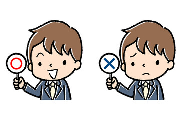 〇&times;プレートを持つスーツの男性