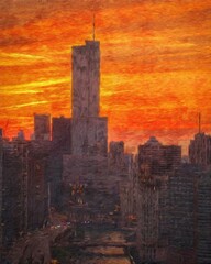 Chicago USA city center skyscrapers and architecture, America travel downtown, drawing in oil wall art print for canvas or paper poster, tourism production design real painting modern artistic artwork