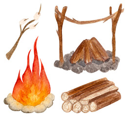 Watercolor collection of travel elements, prepared fire pit, bonfire, branch with marshmallows and bunch of logs.