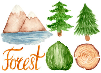 Watercolor colorful collection of nature elements, mountains by the lake, fir trees, bush, word forest, tree trunk cut.