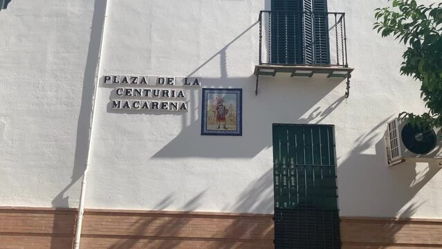 Push In on Plaza de la Centuria Romana Plaque in Seville