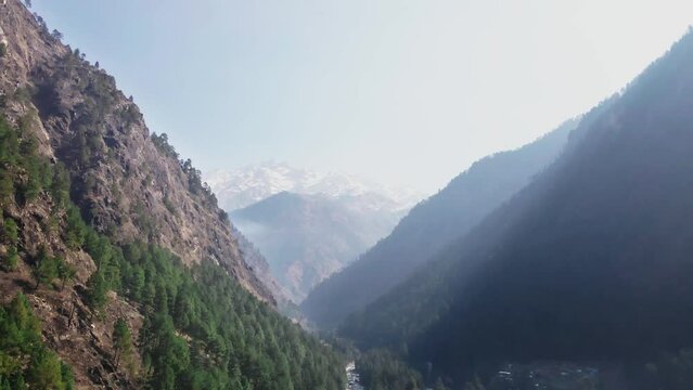 Aerial view of Himalaya india mountains unpolluted Mother Nature, drone reveal Parvati valley river in Himachal Pradesh