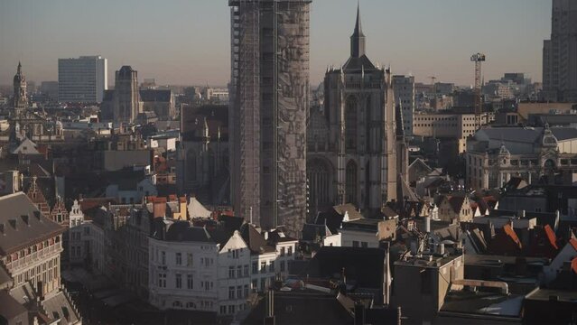 Unique ariel view of Antwerp in Belgium with tower construction 4k 60p