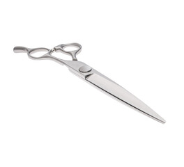 Scissors for cutting people and pets. Grooming scissors. Closed scissors on a white isolated background. Angle view.