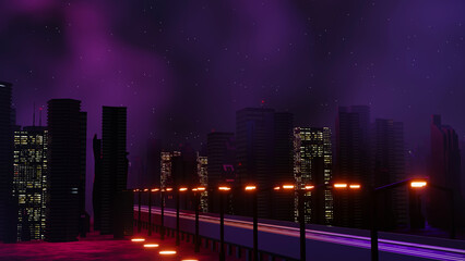 Obraz na płótnie Canvas 3d render of Cyber punk night city landscape concept. Light glowing on dark scene. Night life. Technology network for 5g. Beyond generation and futuristic of Sci-Fi Capital city and building scene.