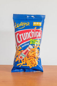 Pruszcz Gdanski, Poland - April 15, 2022: Lorenz Crunchips ketchup flavoured stick chips.