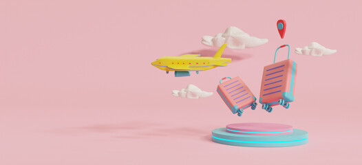 Mockup camera, suitcase, aircraft, headphone,smartphone,travel accessories,pink color minimal background style,summer trip, holiday,vacation,airplane flight,travel concept,3D rendering illustration
