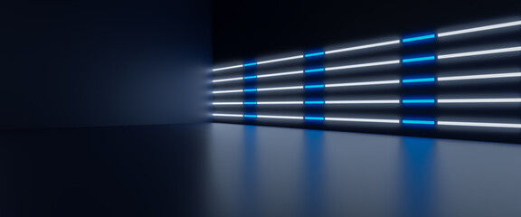 Dark and white light neon podium display stage for a product, Square shape with technology and game concepts, Pedestal for display, Platform for design, 3D rendered black geometric product stand