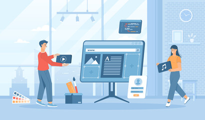 Web designers work on computer interface. Developing web page, organization website, create layout. Flat cartoon vector illustration with people characters for banner, website design or landing page