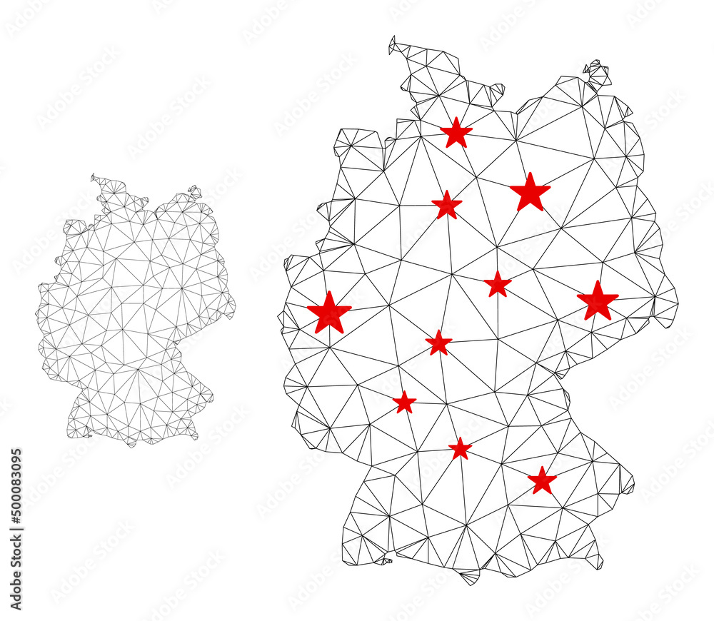 Poster polygonal mesh germany map with red star centers. abstract network connected lines and stars form ge