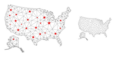 Polygonal mesh USA with Alaska map with red star centers. Abstract network connected lines and stars form USA with Alaska map. Vector wireframe 2D polygonal network in black and red colors.