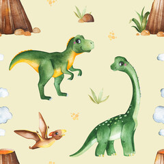 Cute dinos world collection. Seamless texture with watercolor dinosaurs,fern leaves,plants,volcano,clouds and more.Perfect for baby shower,wallpapers,nursery decorations,invitations,party.