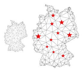 Polygonal mesh Germany map with red star centers. Abstract network connected lines and stars form Germany map. Vector wireframe 2D polygonal network in black and red colors.