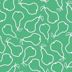 A simple pattern of pears. the white outline of a pear. Green background. Fashionable print for textiles, wallpaper and packaging.