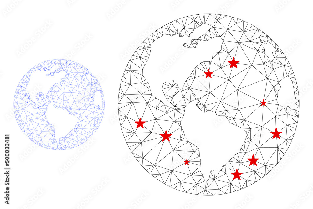Poster polygonal mesh earth globe with red star centers. abstract mesh connected lines and stars form earth