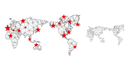 Polygonal mesh world map with red star centers. Abstract network connected lines and stars form world map. Vector wireframe 2D polygonal network in black and red colors.