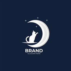 cat logo vector with moon and stars on white