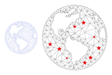 Polygonal mesh Earth globe with red star centers. Abstract mesh connected lines and stars form Earth globe. Vector wireframe flat polygonal network in black and red colors.