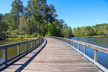 Fototapeta na wymiar a long winding brown wooden bridge over a blue rippling lake surrounded by lush green trees and plants with blue sky at Callaway Gardens in Pine Mountain Georgia USA