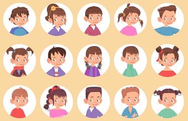 Happy children - boys and girls portraits in round shape, cartoon style