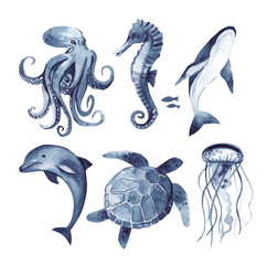 Watercolor illustration of indigo color with octopus, whale, seahorse, dolphin, jellyfish and turtle. - obrazy, fototapety, plakaty