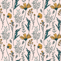 Seamless vector floral pattern with big hand drawn flowers, buds, leaves on yellow background.