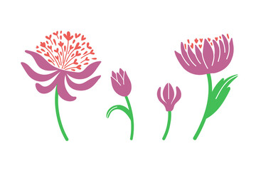 Set of flowers and leaves. Flat cartoon flowers clipart. Simple vector illustration for spring-summer design.