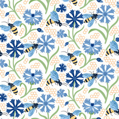 Cute bumblebee on meadow vector seamless pattern. Summer background with bee and cornflower for printing, fabric, wrapping paper, fashion, interior, wallpaper.