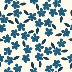 Fototapeta na wymiar Simple vintage pattern. blue flowers and leaves. white background. Fashionable print for textiles, wallpaper and packaging.