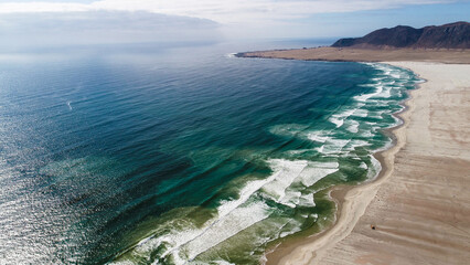 Chanaral, Atacama. The Pacific, after crossing the Atacama Desert in Chile. Chilean Beach, aerial...