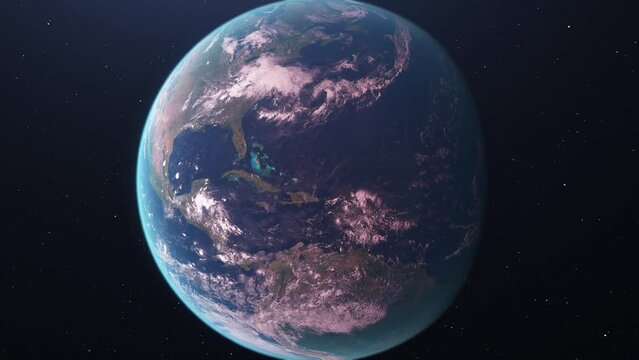 
Approach to the planet earth seen from a space flight or satellite. The transition between day and night can be observed. Background of the globe or world rotating