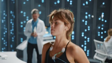 In scientific sports laboratory scientists checking health issues exercise data of running girl athlete on treadmill. Sport, technology and health. Data center. Servers.