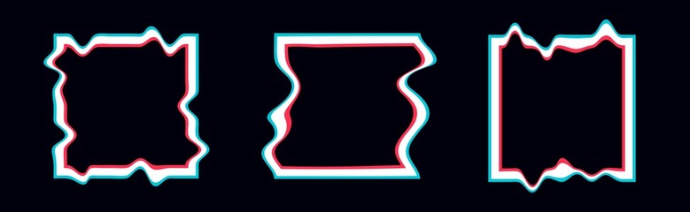 Set of geometric shapes with glitch effect. Distorted squares on black background. Abstract color frames with noise effect. Computer screen error and computer virus. 3d rendering.