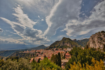 Panorama of the touristic city of Taormina, located in eastern Sicily.