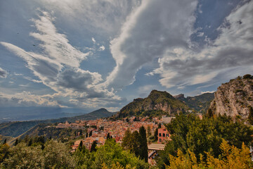 Obraz premium Panorama of the touristic city of Taormina, located in eastern Sicily.