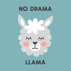 Print with a cute cheerful llama. Cute llama for t-shirt, notepad, mug and fabric. No drama llama.